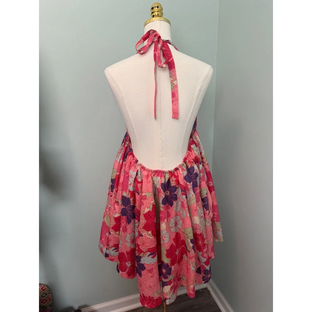 Free People Pink Floral‎ Jacquard Halter Mini Dress Open Back Size L New
